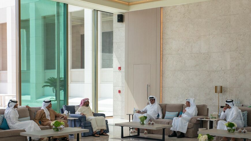 Emir of Qatar Sheikh Tamim bin Hamad Al-Thani hosts UAE's national security advisor Sheikh Tahnoun bin Zayed and deputy prime minister Sheikh Mansour bin Zayed at Lusail Palace in Doha. (Qatar’s Diwan)